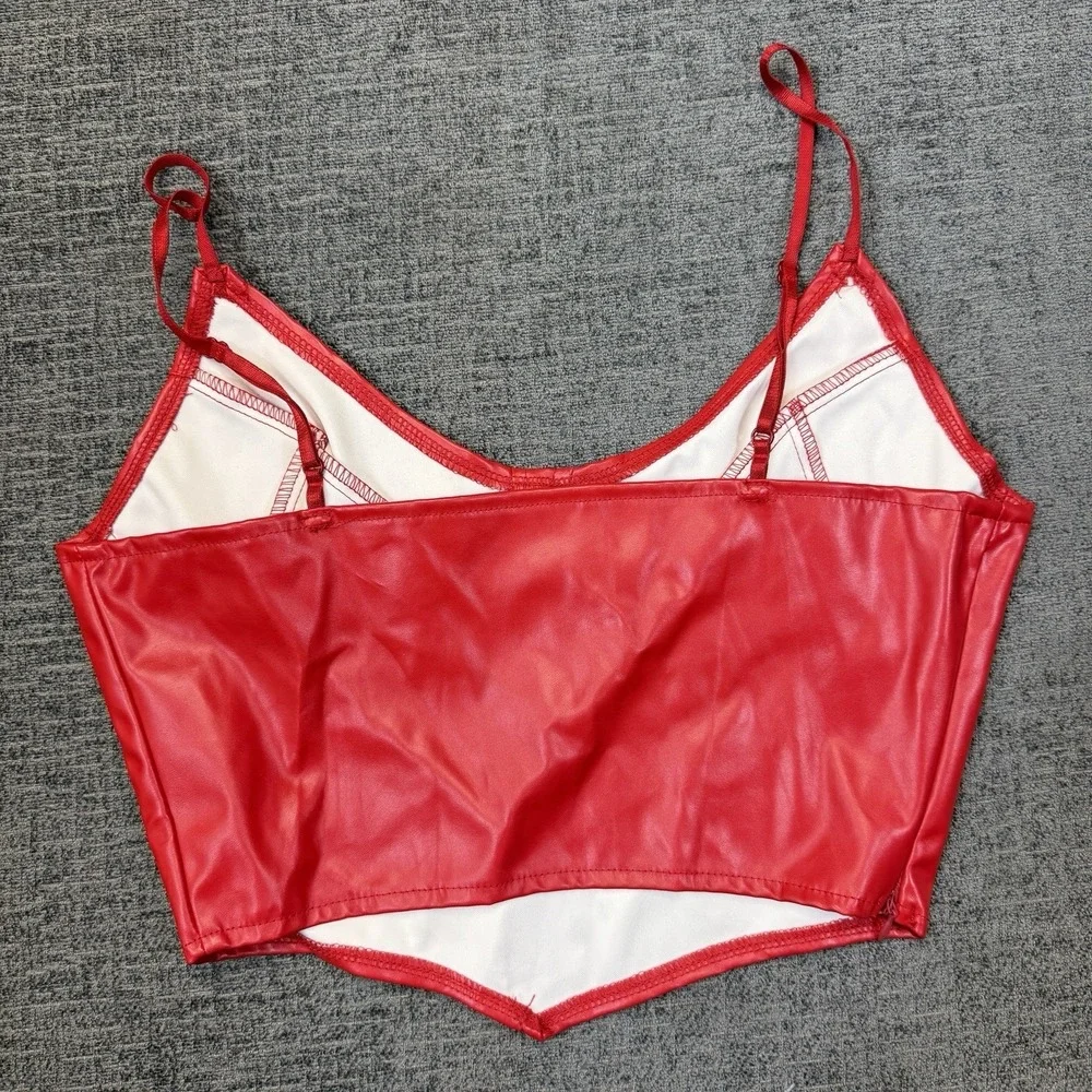 Shein Red Faux Leather Crop Top Womens Small Y2K Cami Zip Back Clubwear